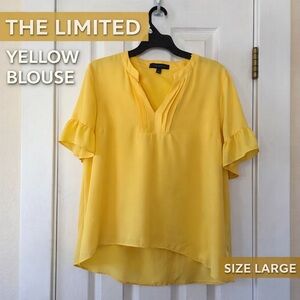 THE LIMITED Yellow Blouse Size Large Ruffle Sleeve V-Neck Pleated Front Top